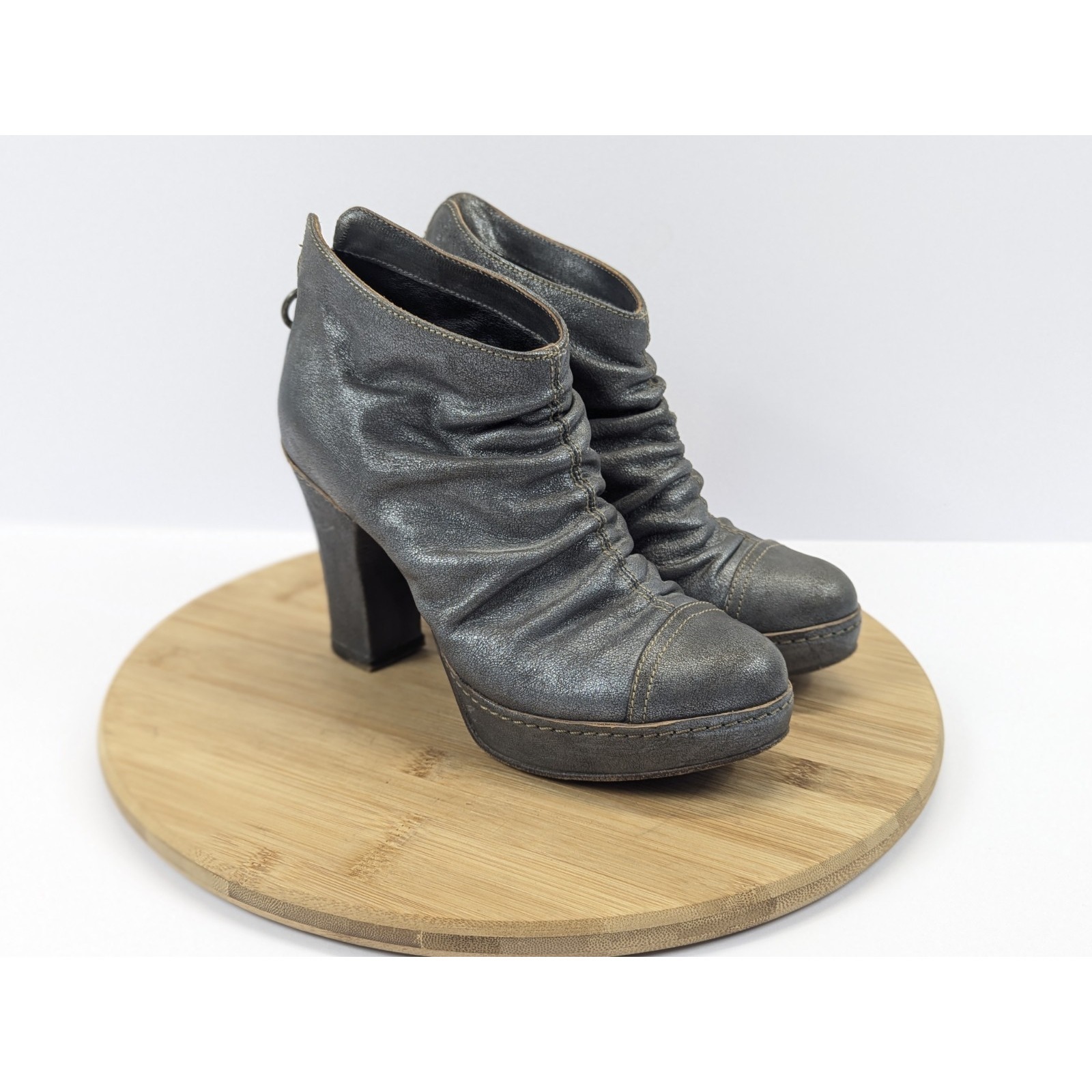 Metallic Pewter Ruched Leather Woman 6 Ankle Boots Fiorentini Baker